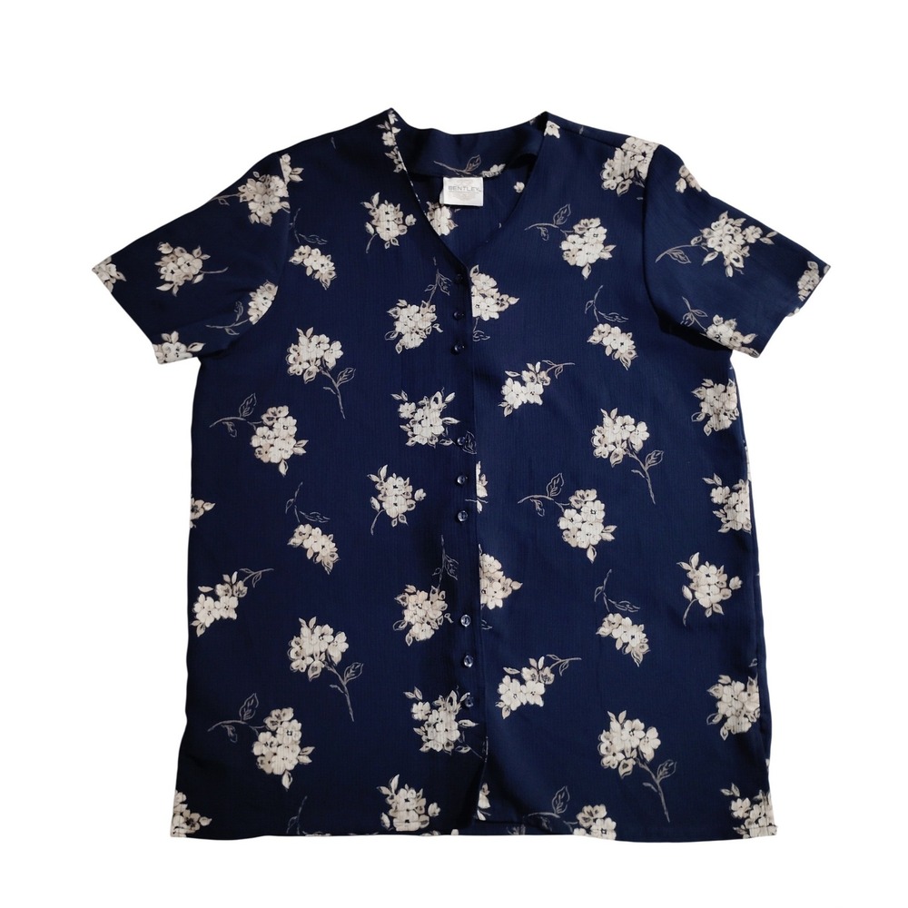 90's JR Bentley Navy Blue‎ Floral Button Up Short Sleeve Blouse Top Large 4043